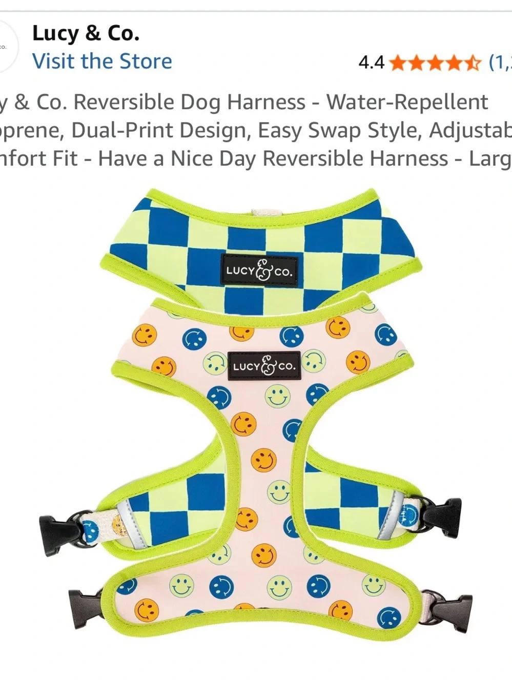 Lucy & Co. Blue and Neon Yellow Checkerboard Dog Harness size large